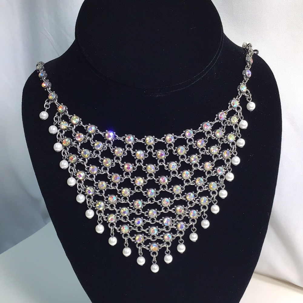 Elegant Iridescent and Pearl Necklace draped bib necklace with heart tag